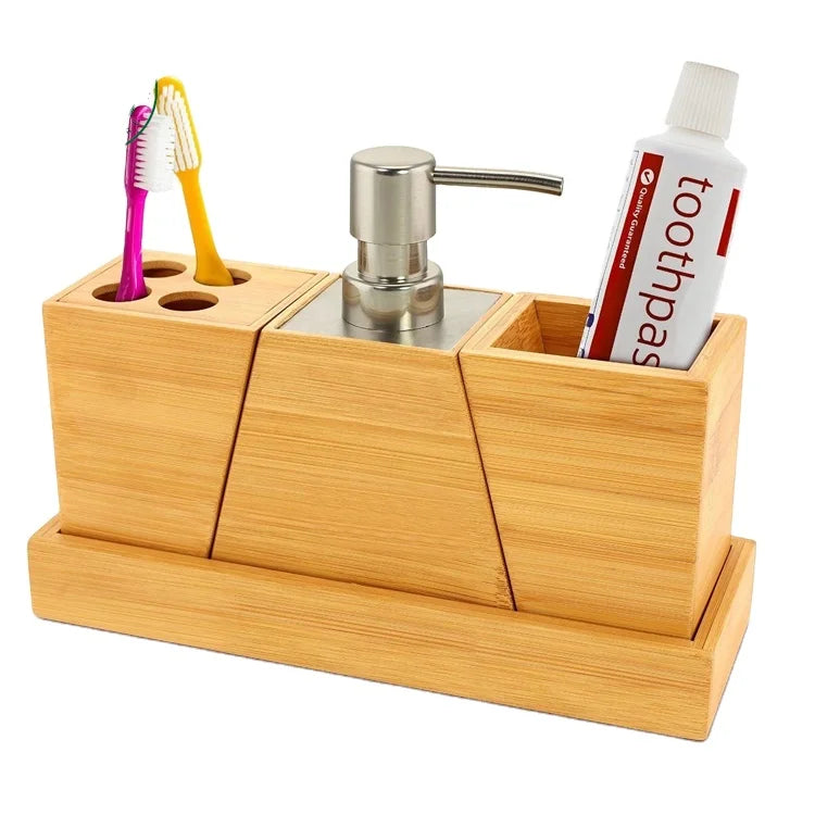 HKM-464723 Bamboo 4-Piece Bathroom Accessory Set with Soap Dispenser, Toothbrush Holder, and Tray