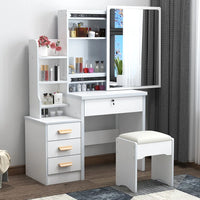 HKM-465171 Wooden Vanity Dressing Table Set with Cushioned Stool and Round Mirror