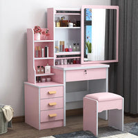 HKM-465171 Wooden Vanity Dressing Table Set with Cushioned Stool and Round Mirror