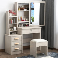 HKM-465171 Wooden Vanity Dressing Table Set with Cushioned Stool and Round Mirror