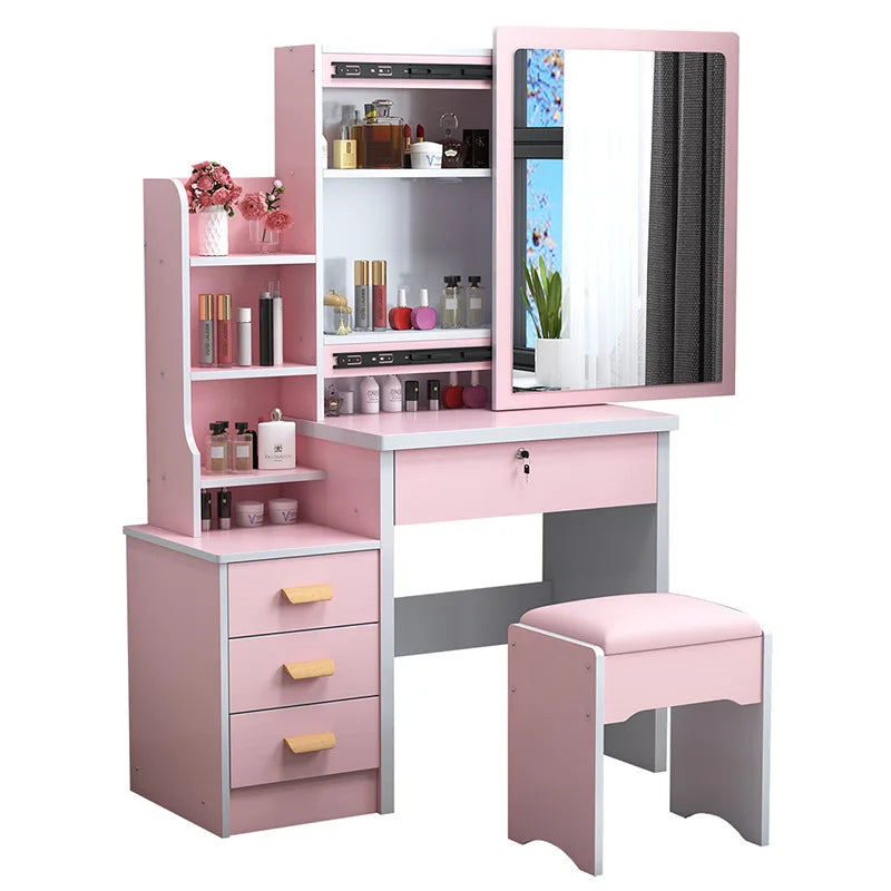 HKM-465171 Wooden Vanity Dressing Table Set with Cushioned Stool and Round Mirror