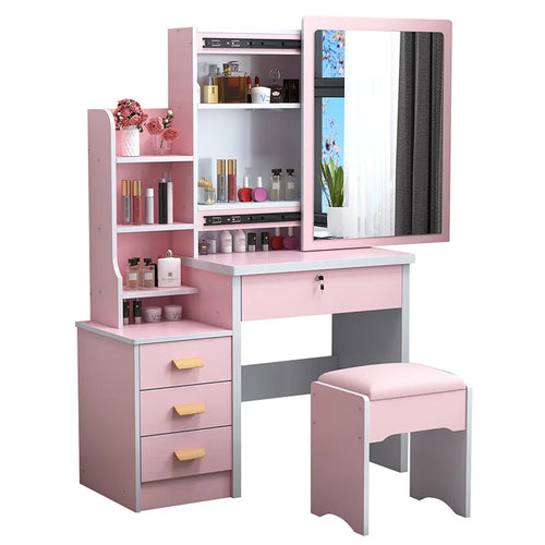 HKM-465171 Wooden Vanity Dressing Table Set with Cushioned Stool and Round Mirror
