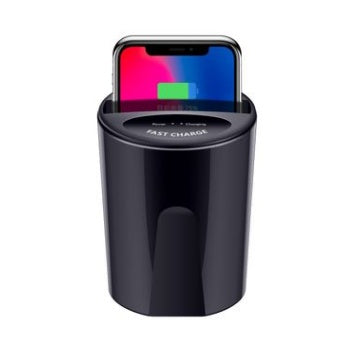 HKM-465363 Wireless Charging Cup for Cars - QI Standard, 10W Power, Includes Base and USB Output, Black