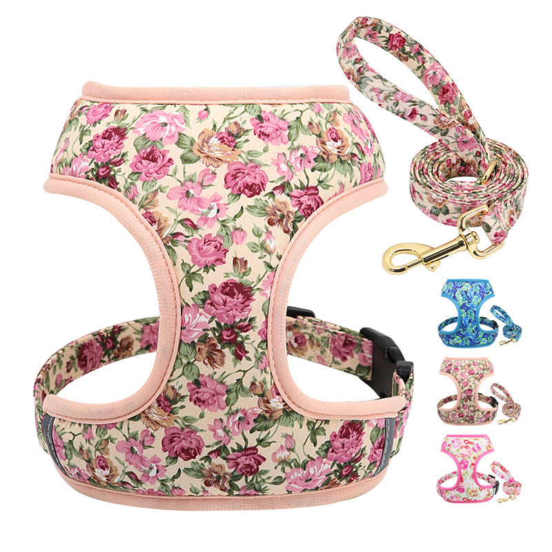 HKM-4656445 Adjustable Broken Flower Pattern Dog Leash and Chest Harness for Small Breeds