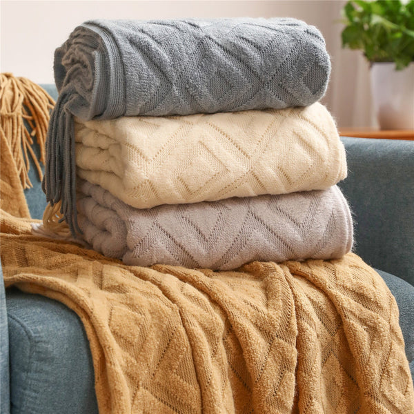 HKM-465683 Geometric Pattern Acrylic Knitting Blanket for Office Naps - Multiple Sizes & Colors Available