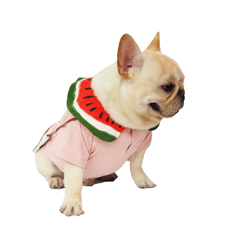 HKM-4658621 Watermelon Print Cotton Dog Outfit with Bag - Breathable Casual Wear for Pets