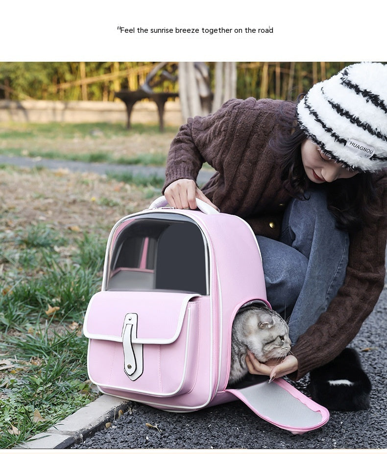 HKM-4666045 Portable Cat Backpack in Solid Colors - Stylish, Lightweight PU Pet Carrier