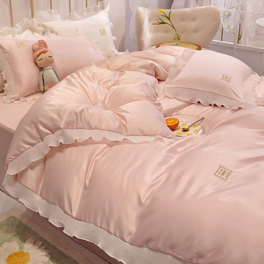 HKM-466771 Ice Silk Bed Sheet and Quilt Cover Set - 4-Piece Collection in Multiple Colors and Sizes