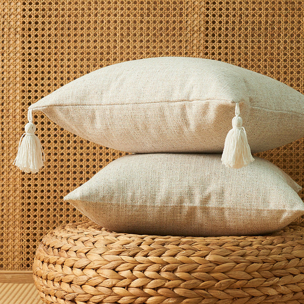 HKM-466899 Japanese Cotton and Linen Tassel Pillowcase - 45x45cm Square Cushion Cover in Various Colors