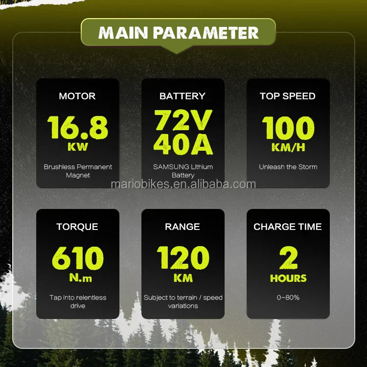 HKM-467155 High-Performance Electric Dirt Bike with 72V 16.8KW Mid Motor and 120km Range for Adults