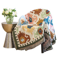HKM-467155 Retro Knitted Sofa Blanket - Cozy Cotton Fabric with Geometric Design