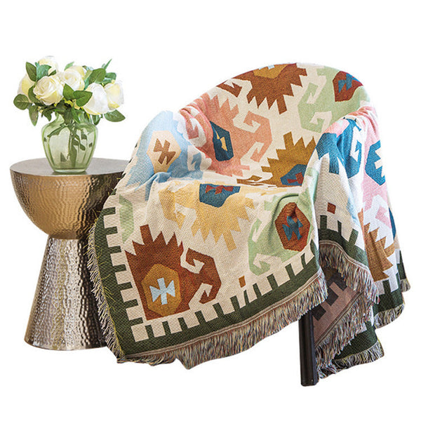 HKM-467155 Retro Knitted Sofa Blanket - Cozy Cotton Fabric with Geometric Design