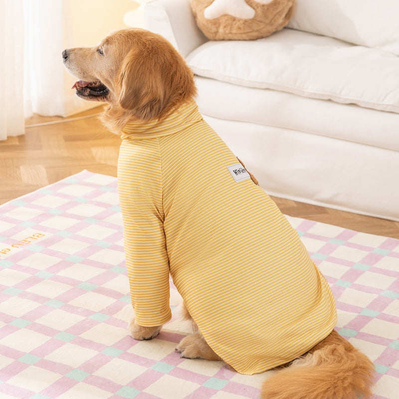HKM-4674109 Striped High-Neck Fleece Shirt for Medium and Large Dogs - Comfortable, Soft Fabric with Cute Bear Embroidery