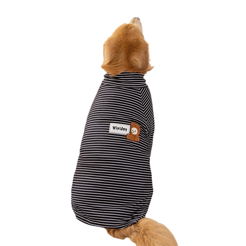 HKM-4674109 Striped High-Neck Fleece Shirt for Medium and Large Dogs - Comfortable, Soft Fabric with Cute Bear Embroidery
