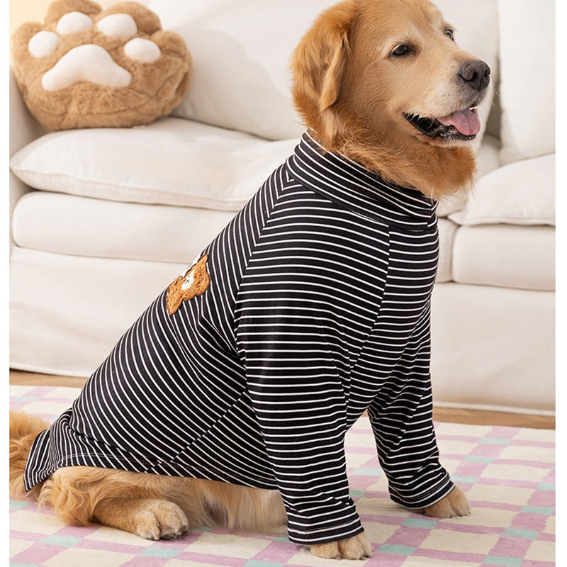HKM-4674109 Striped High-Neck Fleece Shirt for Medium and Large Dogs - Comfortable, Soft Fabric with Cute Bear Embroidery