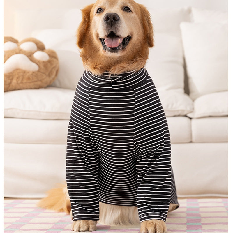 HKM-4674109 Striped High-Neck Fleece Shirt for Medium and Large Dogs - Comfortable, Soft Fabric with Cute Bear Embroidery