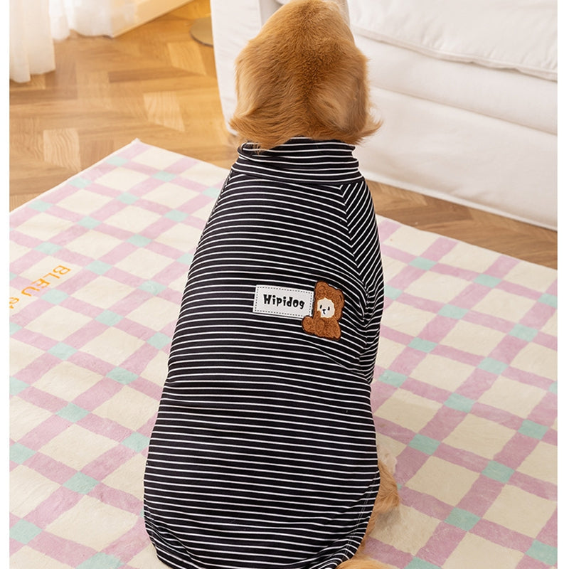 HKM-4674109 Striped High-Neck Fleece Shirt for Medium and Large Dogs - Comfortable, Soft Fabric with Cute Bear Embroidery