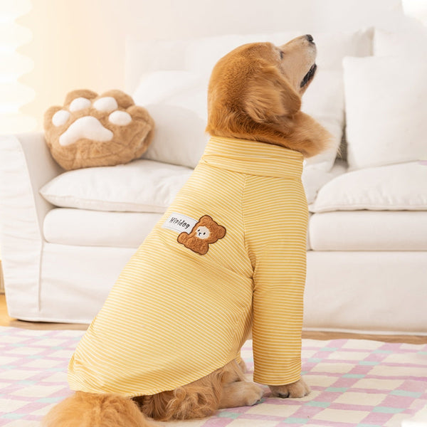 HKM-4674109 Striped High-Neck Fleece Shirt for Medium and Large Dogs - Comfortable, Soft Fabric with Cute Bear Embroidery