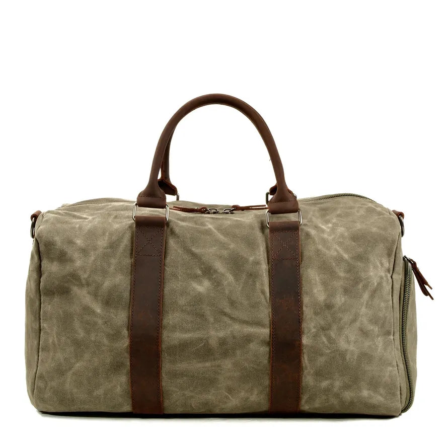 HKM-467667 Retro Style Men's Large Capacity Duffel Bag Made of Batik Canvas and Cowhide Leather