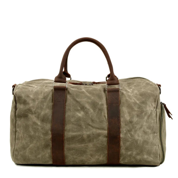 HKM-467667 Retro Style Men's Large Capacity Duffel Bag Made of Batik Canvas and Cowhide Leather
