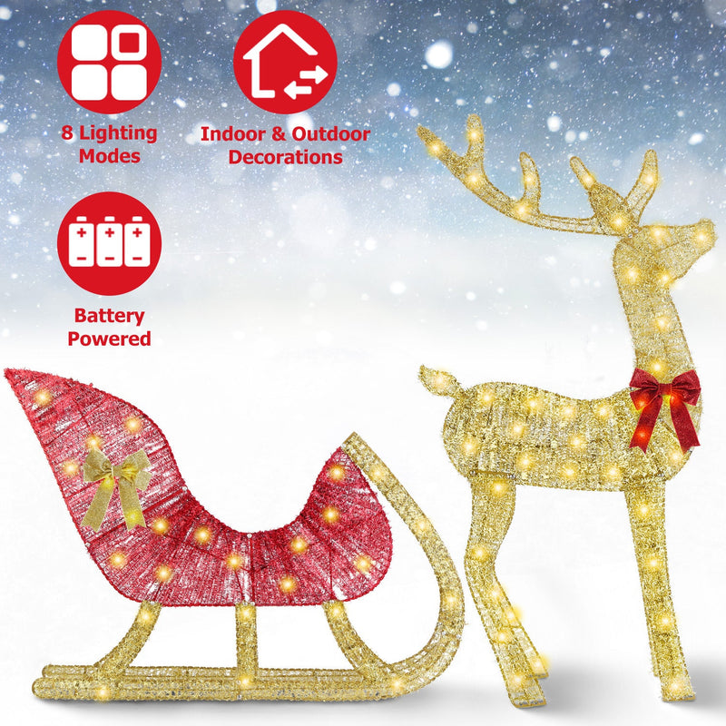 HKM-467731 Lighted Christmas Reindeer & Sleigh Decoration with 8 Lighting Modes for Indoor and Outdoor Use