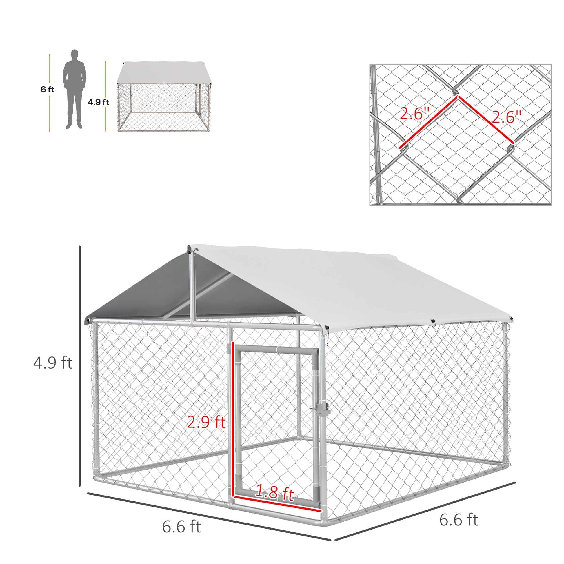 HKM-4678973 Outdoor Dog Kennel for Small and Medium Dogs with Waterproof Roof - Silver, 6.6' x 6.6' x 4.9'