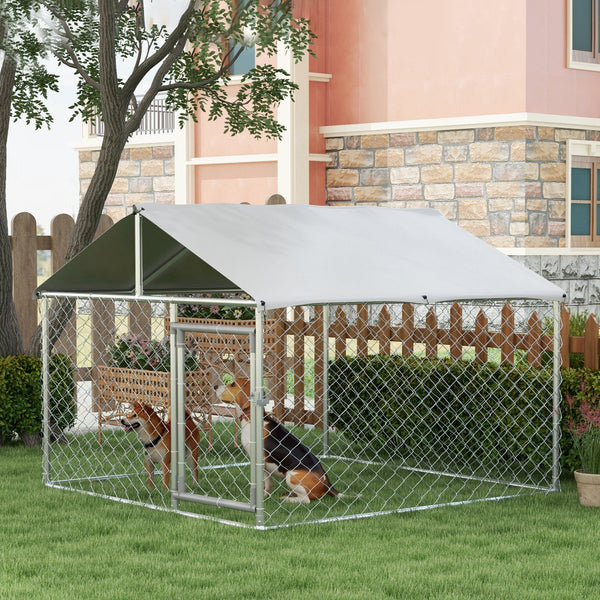 HKM-4678973 Outdoor Dog Kennel for Small and Medium Dogs with Waterproof Roof - Silver, 6.6' x 6.6' x 4.9'