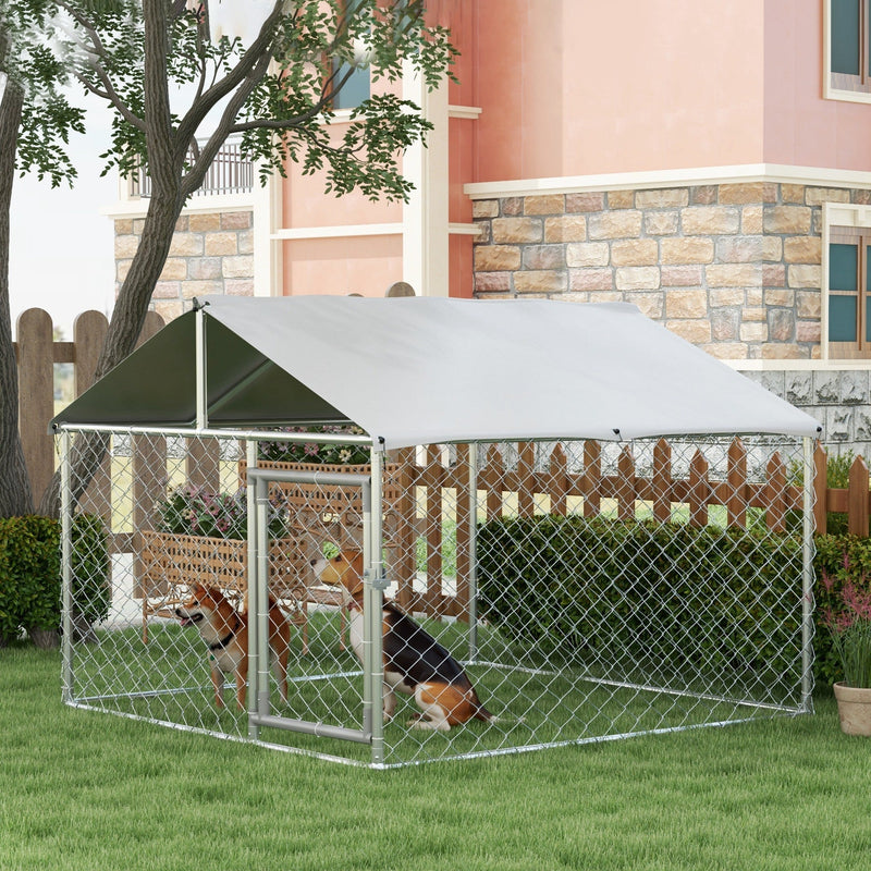 HKM-4678973 Outdoor Dog Kennel for Small and Medium Dogs with Waterproof Roof - Silver, 6.6' x 6.6' x 4.9'