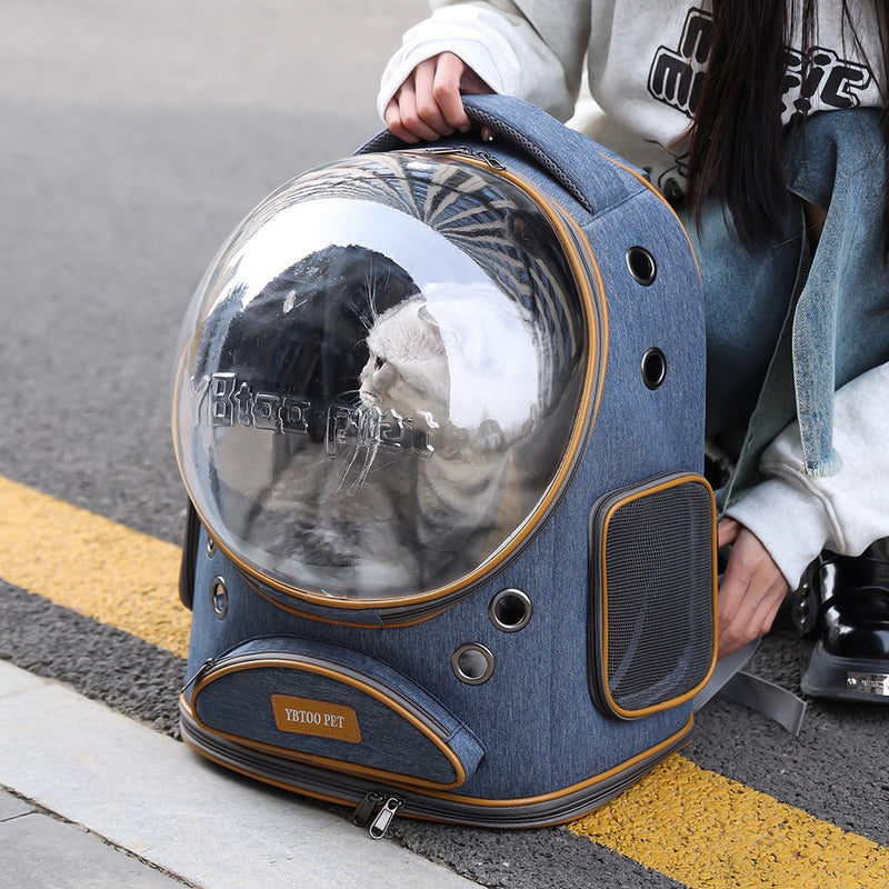 HKM-4679357 Portable Outdoor Cat Backpack with Large Capacity and Panoramic Window in Denim Blue or Linen Gray
