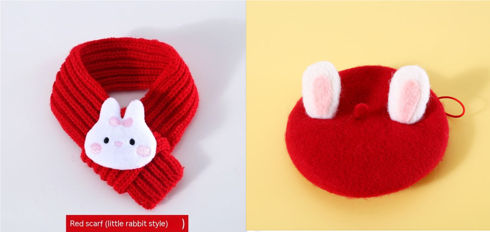 HKM-4683069 Warm Wool Rabbit Ear Hat and Scarf Set for Small to Medium Pets