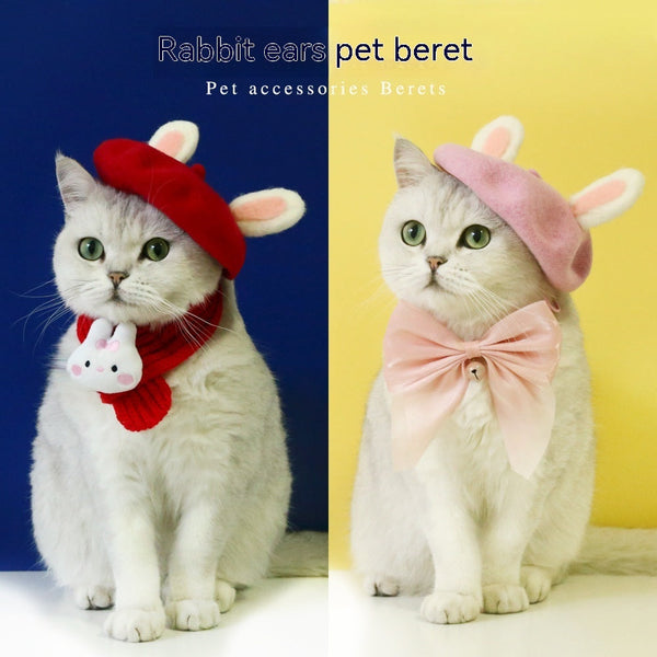 HKM-4683069 Warm Wool Rabbit Ear Hat and Scarf Set for Small to Medium Pets