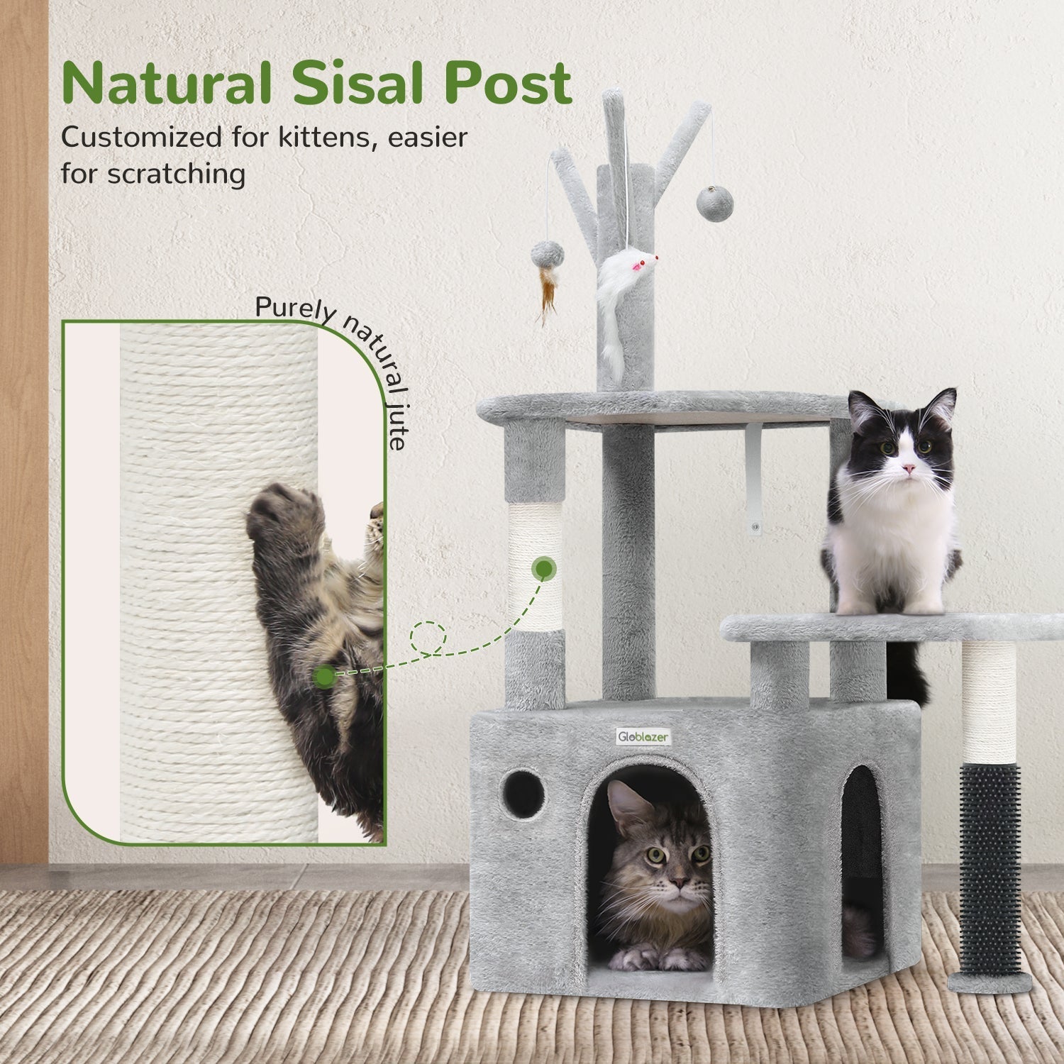 HKM-4684349 Light Gray 44-Inch Cat Climbing Frame with Multiple Levels and Scratching Posts