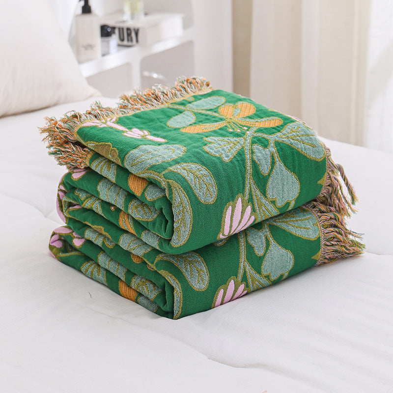 HKM-468435 Universal All-Season Sofa Cover in Green Floral Pattern, Modern Cotton Towel Blanket - 200cm x 230cm