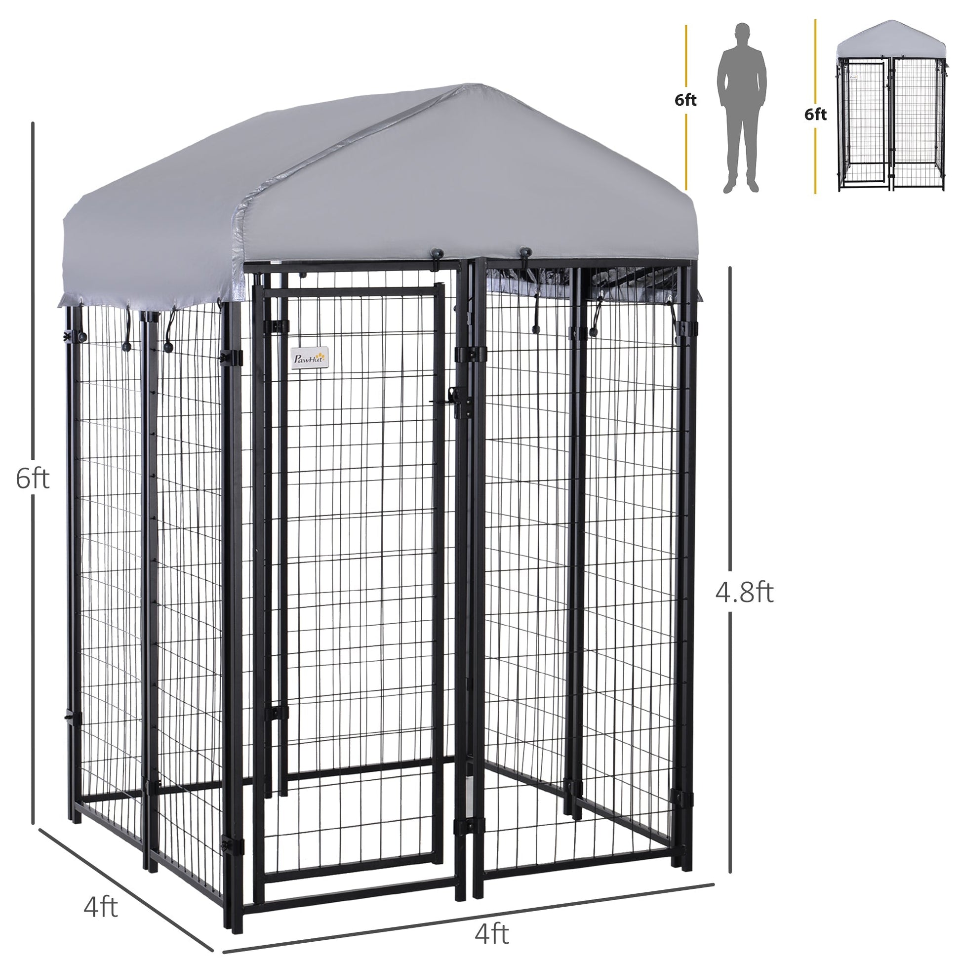 HKM-4684733 Heavy Duty Outdoor Dog Kennel with Roof, 4' x 4' x 6', Escape-Proof, UV-Resistant & Waterproof Cover for Medium Dogs