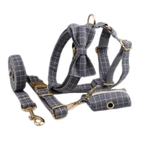 HKM-468627 Gray Plaid Flannel Pet Collar and Leash Set with Bow and Vest