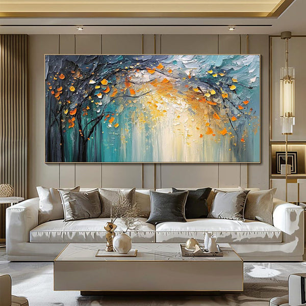HKM-468691 Colorful Handmade Abstract Forest Canvas Oil Painting in Blue and Golden Yellow for Home Decor