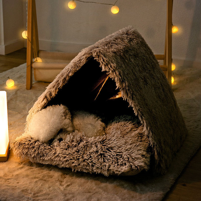 HKM-4690877 Cozy Plush Winter Kennel for Small Dogs in Coffee Color