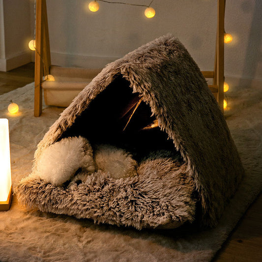 HKM-4690877 Cozy Plush Winter Kennel for Small Dogs in Coffee Color