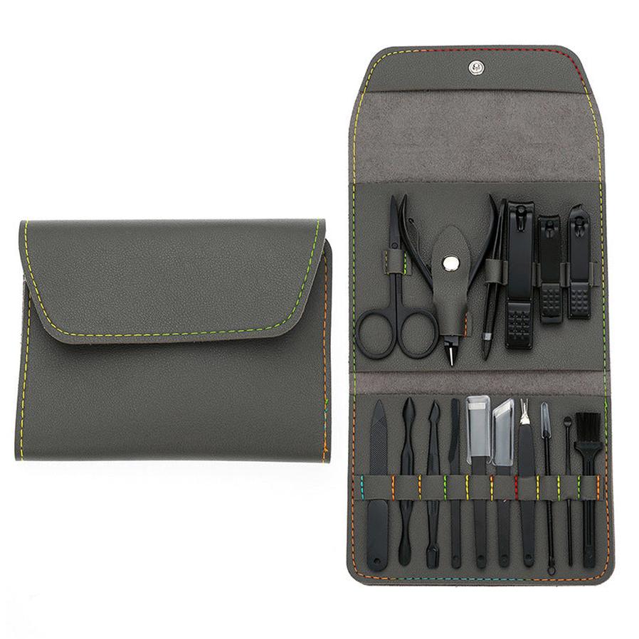 HKM-469395 Stainless Steel Nail Clipper Set with PU Leather Case - 16-Piece Grooming Kit for Home and Travel