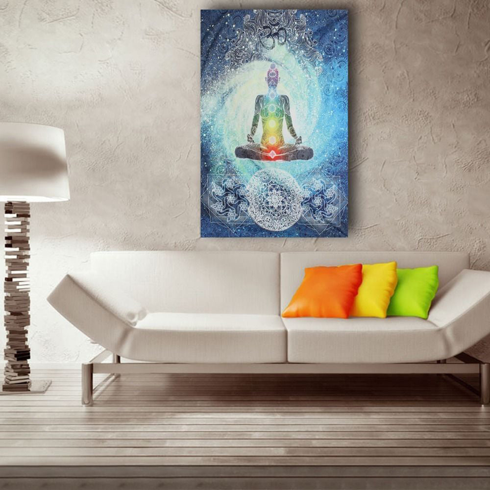 HKM-469459 7 Chakra Buddha Wall Tapestry - India Blue Tone Polyester Bed Cover for Indoor and Outdoor Use