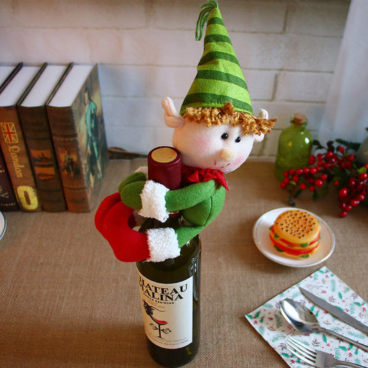 HKM-469523 Christmas Wine Bottle Decoration Set with Santa Claus Design in Red and Champagne Colors