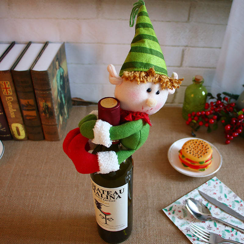 HKM-469523 Christmas Wine Bottle Decoration Set with Santa Claus Design in Red and Champagne Colors