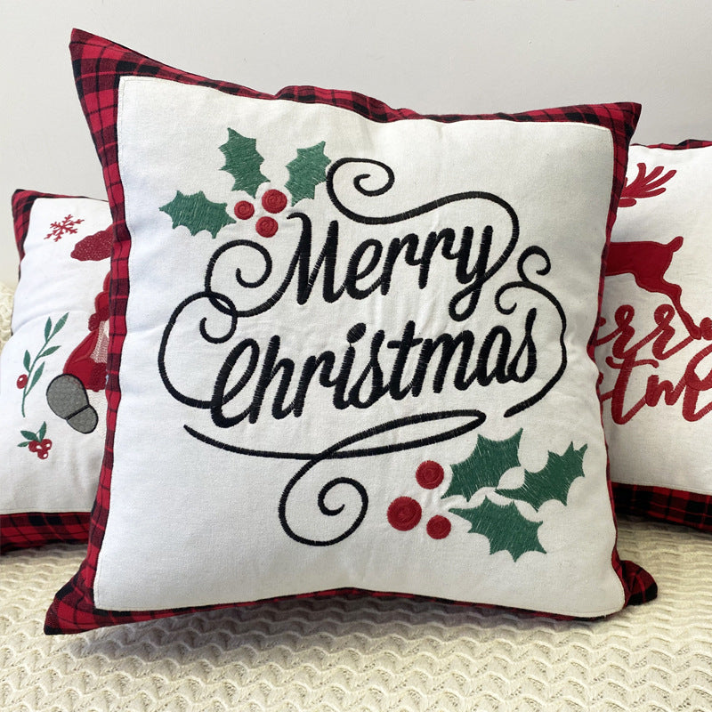 HKM-469715 Christmas Embroidery Pillow Cover featuring Santa Claus and Deer - 45x45cm Polyester Fiber Cushion
