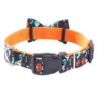 HKM-4698557 Geometric Cat Collar with Holiday Ornaments in Black Ghost, Yellow Pumpkin, and Black Skull Patterns