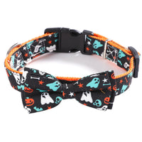 HKM-4698557 Geometric Cat Collar with Holiday Ornaments in Black Ghost, Yellow Pumpkin, and Black Skull Patterns