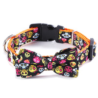 HKM-4698557 Geometric Cat Collar with Holiday Ornaments in Black Ghost, Yellow Pumpkin, and Black Skull Patterns