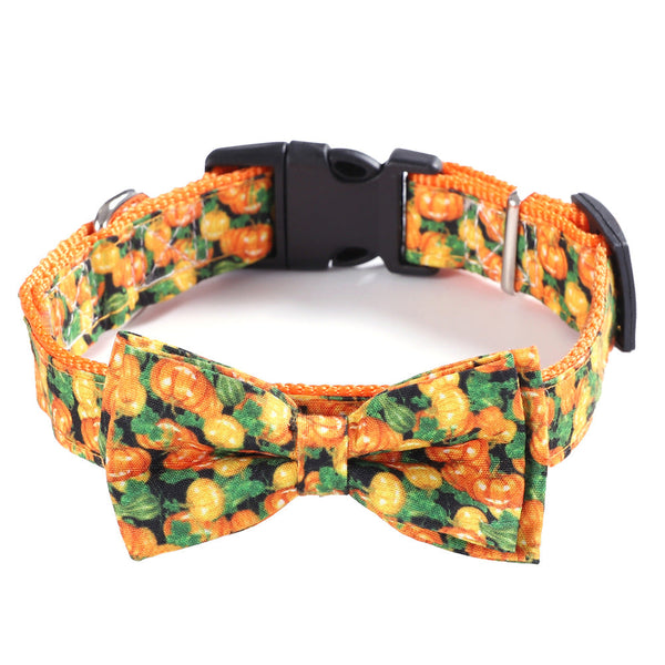 HKM-4698557 Geometric Cat Collar with Holiday Ornaments in Black Ghost, Yellow Pumpkin, and Black Skull Patterns