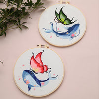 HKM-469907 DIY Embroidered Whale and Butterfly Cross Stitch Kit with Scissors and Threading Device - 4 Canvas Art Pieces