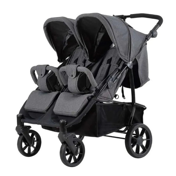 HKM-4699475 Luxury Side-by-Side Twin Stroller with Dual Canopies Independent Harnesses Raised Seats and Storage Basket