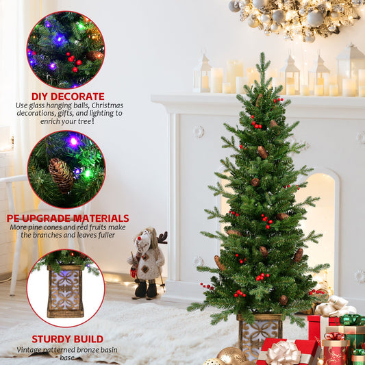 HKM-470035 4ft Pre-lit Slim Christmas Tree with Multicolor LED Lights and Glitter Basin for Porch or Yard Decor